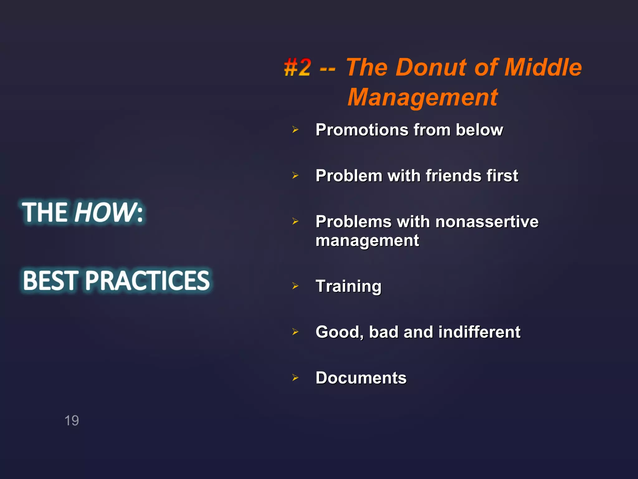 Promotions from below Problem with friends first Problems with nonassertive management Training Good, bad and indifferent Documents 