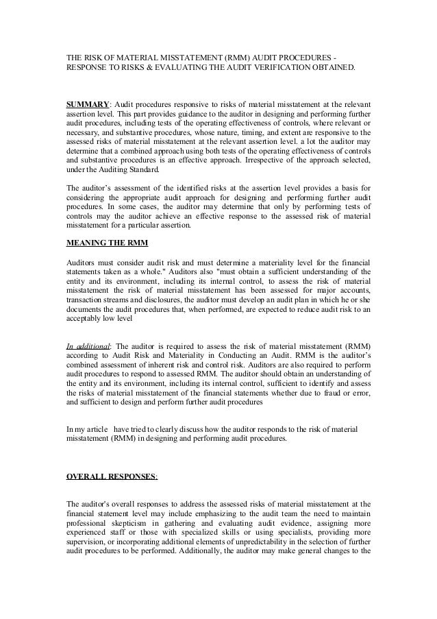The risk of material misstatement (rmm) audit procedures response t…