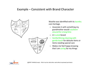 Example	
  –	
  Consistent	
  with	
  Brand	
  Character	
  


	
  
                                                           	
  Woolite	
  was	
  iden>ﬁed	
  with	
  its	
  laundry	
  
	
                                                             care	
  heritage.	
  	
  
                 	
  	
                                         –  Associate	
  it	
  with	
  something	
  my	
  
	
                                                                 grandmother	
  would	
  use/been	
  
	
                                                                 around	
  for	
  a	
  long	
  >me	
  
                                                                –  A	
  trusted	
  brand	
  
                                                                –  Gentle/Strong	
  cleaning	
  with	
  
                                                                   gentle	
  touch	
  for	
  delicate	
  items	
  or	
  
                                                                   items	
  needing	
  special	
  care	
  
                                                                –  Makes	
  me	
  feel	
  happy	
  knowing	
  
                                                                   that	
  I	
  am	
  caring	
  for	
  my	
  things	
  




                      @2005 TheRiteConcept – Work must be cited when used without expressed permission
 