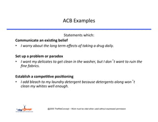 ACB	
  Examples	
  

                                                Statements	
  which:	
  
Communicate	
  an	
  exis9ng	
  belief	
  
•  I	
  worry	
  about	
  the	
  long	
  term	
  eﬀects	
  of	
  taking	
  a	
  drug	
  daily.	
  
	
  
Set	
  up	
  a	
  problem	
  or	
  paradox	
  
•  I	
  want	
  my	
  delicates	
  to	
  get	
  clean	
  in	
  the	
  washer,	
  but	
  I	
  don’t	
  want	
  to	
  ruin	
  the	
  
     ﬁne	
  fabrics.	
  
	
  
Establish	
  a	
  compe99ve	
  posi9oning	
  
•  I	
  add	
  bleach	
  to	
  my	
  laundry	
  detergent	
  because	
  detergents	
  along	
  won’t	
  
     clean	
  my	
  whites	
  well	
  enough.	
  
	
  
	
  

                                 @2005 TheRiteConcept – Work must be cited when used without expressed permission
 