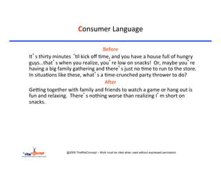 Consumer	
  Language	
  

                                                       Before	
  
	
  It’s	
  thirty	
  minutes	
  ‘>l	
  kick	
  oﬀ	
  >me,	
  and	
  you	
  have	
  a	
  house	
  full	
  of	
  hungry	
  
    guys…that’s	
  when	
  you	
  realize,	
  you’re	
  low	
  on	
  snacks!	
  	
  Or,	
  maybe	
  you’re	
  
    having	
  a	
  big	
  family	
  gathering	
  and	
  there’s	
  just	
  no	
  >me	
  to	
  run	
  to	
  the	
  store.	
  	
  
    In	
  situa>ons	
  like	
  these,	
  what’s	
  a	
  >me-­‐crunched	
  party	
  thrower	
  to	
  do?	
  
                                                        AAer	
  
	
  Gerng	
  together	
  with	
  family	
  and	
  friends	
  to	
  watch	
  a	
  game	
  or	
  hang	
  out	
  is	
  
    fun	
  and	
  relaxing.	
  	
  There’s	
  nothing	
  worse	
  than	
  realizing	
  I’m	
  short	
  on	
  
    snacks.	
  




                             @2005 TheRiteConcept – Work must be cited when used without expressed permission
 