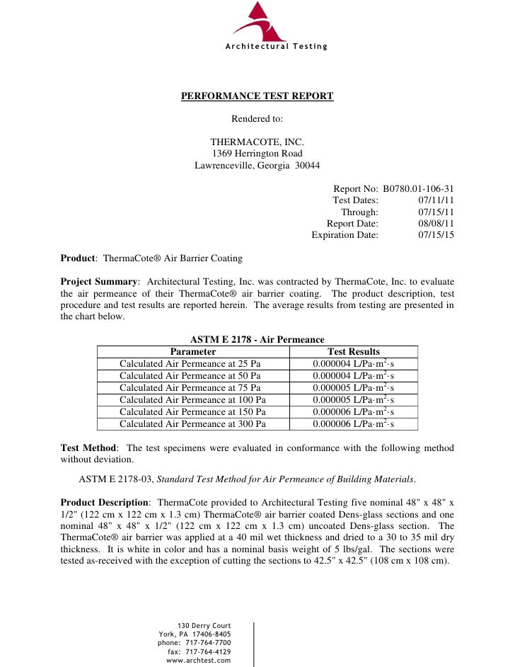 Therma cote air barrier test final report astm e 2178