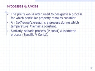Processes & Cycles
15
 The prefix iso- is often used to designate a process
for which particular property remains constant.
 An isothermal process, is a process during which
temperature T remains constant.
 Similarly isobaric process (P const) & isometric
process (Specific V Const).
 