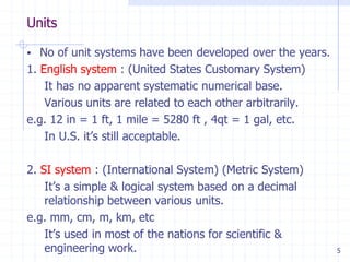 Units
5
 No of unit systems have been developed over the years.
1. English system : (United States Customary System)
It has no apparent systematic numerical base.
Various units are related to each other arbitrarily.
e.g. 12 in = 1 ft, 1 mile = 5280 ft , 4qt = 1 gal, etc.
In U.S. it’s still acceptable.
2. SI system : (International System) (Metric System)
It’s a simple & logical system based on a decimal
relationship between various units.
e.g. mm, cm, m, km, etc
It’s used in most of the nations for scientific &
engineering work.
 