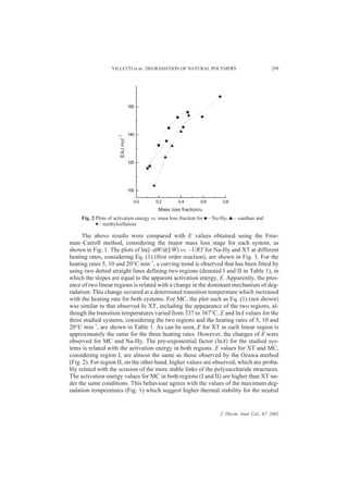 VILLETTI et al.: DEGRADATION OF NATURAL POLYMERS                              299




     Fig. 2 Plots of activation energy vs. mass loss fraction for n – Na-Hy, s – xanthan and
            l – methylcellulose




     The above results were compared with E values obtained using the Free-
man–Carroll method, considering the major mass loss stage for each system, as
shown in Fig. 1. The plots of ln([–dW/dt]/W) vs. –1/RT for Na-Hy and XT at different
heating rates, considering Eq. (1) (first order reaction), are shown in Fig. 3. For the
heating rates 5, 10 and 20°C min–1, a curving trend is observed that has been fitted by
using two dotted straight lines defining two regions (denoted I and II in Table 1), in
which the slopes are equal to the apparent activation energy, E. Apparently, the pres-
ence of two linear regions is related with a change in the dominant mechanism of deg-
radation. This change occured at a determined transition temperature which increased
with the heating rate for both systems. For MC, the plot such as Eq. (1) (not shown)
was similar to that observed fo XT, including the appearance of the two regions, al-
though the transition temperatures varied from 337 to 367°C. E and lnA values for the
three studied systems, considering the two regions and the heating rates of 5, 10 and
20°C min–1, are shown in Table 1. As can be seen, E for XT in each linear region is
approximately the same for the three heating rates. However, the changes of E were
observed for MC and Na-Hy. The pre-exponential factor (lnA) for the studied sys-
tems is related with the activation energy in both regions. E values for XT and MC,
considering region I, are almost the same as those observed by the Ozawa method
(Fig. 2). For region II, on the other hand, higher values are observed, which are proba-
bly related with the scission of the more stable links of the polysaccharide structures.
The activation energy values for MC in both regions (I and II) are higher than XT un-
der the same conditions. This behaviour agrees with the values of the maximum deg-
radation temperatures (Fig. 1) which suggest higher thermal stability for the neutral


                                                                       J. Therm. Anal. Cal., 67, 2002
 