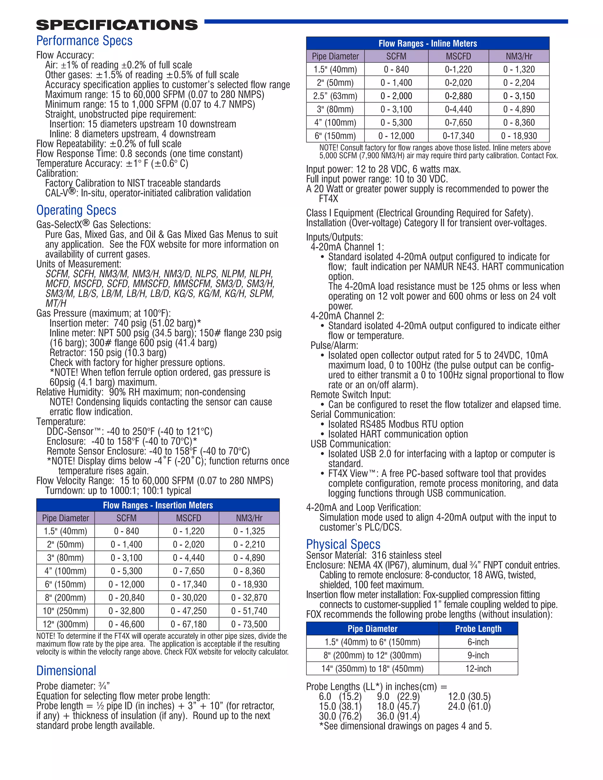SPECIFICATIONS
Performance Specs
Flow Accuracy:
Air: ±1% of reading ±0.2% of full scale
Other gases: ±1.5% of reading ±0.5% of full scale
Accuracy specification applies to customer’s selected flow range
Maximum range: 15 to 60,000 SFPM (0.07 to 280 NMPS)
Minimum range: 15 to 1,000 SFPM (0.07 to 4.7 NMPS)
Straight, unobstructed pipe requirement:
Insertion: 15 diameters upstream 10 downstream	
Inline: 8 diameters upstream, 4 downstream
Flow Repeatability: ±0.2% of full scale
Flow Response Time: 0.8 seconds (one time constant)
Temperature Accuracy: ±1° F (±0.6° C)
Calibration:
Factory Calibration to NIST traceable standards
CAL-V®: In-situ, operator-initiated calibration validation
Operating Specs
Gas-SelectX® Gas Selections:
Pure Gas, Mixed Gas, and Oil & Gas Mixed Gas Menus to suit
any application. See the FOX website for more information on
availability of current gases.
Units of Measurement:
	 SCFM, SCFH, NM3/M, NM3/H, NM3/D, NLPS, NLPM, NLPH,
MCFD, MSCFD, SCFD, MMSCFD, MMSCFM, SM3/D, SM3/H,
SM3/M, LB/S, LB/M, LB/H, LB/D, KG/S, KG/M, KG/H, SLPM,
MT/H
Gas Pressure (maximum; at 100°F):
Insertion meter: 740 psig (51.02 barg)*
Inline meter: NPT 500 psig (34.5 barg); 150# flange 230 psig
(16 barg); 300# flange 600 psig (41.4 barg)
Retractor: 150 psig (10.3 barg)
Check with factory for higher pressure options.
*NOTE! When teflon ferrule option ordered, gas pressure is
60psig (4.1 barg) maximum.
Relative Humidity: 90% RH maximum; non-condensing
NOTE! Condensing liquids contacting the sensor can cause
erratic flow indication.
Temperature:
DDC-Sensor™: -40 to 250°F (-40 to 121°C)
Enclosure: -40 to 158°F (-40 to 70°C)*
Remote Sensor Enclosure: -40 to 158°F (-40 to 70°C)
*NOTE! Display dims below -4˚F (-20˚C); function returns once
temperature rises again.
Flow Velocity Range: 15 to 60,000 SFPM (0.07 to 280 NMPS)
Turndown: up to 1000:1; 100:1 typical
Flow Ranges - Insertion Meters
Pipe Diameter SCFM MSCFD NM3/Hr
1.5" (40mm) 0 - 840 0 - 1,220 0 - 1,325
2" (50mm) 0 - 1,400 0 - 2,020 0 - 2,210
3" (80mm) 0 - 3,100 0 - 4,440 0 - 4,890
4” (100mm) 0 - 5,300 0 - 7,650 0 - 8,360
6" (150mm) 0 - 12,000 0 - 17,340 0 - 18,930
8" (200mm) 0 - 20,840 0 - 30,020 0 - 32,870
10" (250mm) 0 - 32,800 0 - 47,250 0 - 51,740
12" (300mm) 0 - 46,600 0 - 67,180 0 - 73,500
NOTE! To determine if the FT4X will operate accurately in other pipe sizes, divide the
maximum flow rate by the pipe area. The application is acceptable if the resulting
velocity is within the velocity range above. Check FOX website for velocity calculator.
Dimensional
Probe diameter: ¾”
Equation for selecting flow meter probe length:
Probe length = ½ pipe ID (in inches) + 3” + 10” (for retractor,
if any) + thickness of insulation (if any). Round up to the next
standard probe length available.
Flow Ranges - Inline Meters
Pipe Diameter SCFM MSCFD NM3/Hr
1.5" (40mm) 0 - 840 0-1,220 0 - 1,320
2" (50mm) 0 - 1,400 0-2,020 0 - 2,204
2.5” (63mm) 0 - 2,000 0-2,880 0 - 3,150
3" (80mm) 0 - 3,100 0-4,440 0 - 4,890
4” (100mm) 0 - 5,300 0-7,650 0 - 8,360
6" (150mm) 0 - 12,000 0-17,340 0 - 18,930
NOTE! Consult factory for flow ranges above those listed. Inline meters above
5,000 SCFM (7,900 NM3/H) air may require third party calibration. Contact Fox.
Input power: 12 to 28 VDC, 6 watts max.
Full input power range: 10 to 30 VDC.
A 20 Watt or greater power supply is recommended to power the
FT4X
Class I Equipment (Electrical Grounding Required for Safety).
Installation (Over-voltage) Category II for transient over-voltages.
Inputs/Outputs:
4-20mA Channel 1:
•	Standard isolated 4-20mA output configured to indicate for
flow; fault indication per NAMUR NE43. HART communication
option.
The 4-20mA load resistance must be 125 ohms or less when
operating on 12 volt power and 600 ohms or less on 24 volt
power.
4-20mA Channel 2:
•	Standard isolated 4-20mA output configured to indicate either
flow or temperature.
Pulse/Alarm:
•	Isolated open collector output rated for 5 to 24VDC, 10mA
maximum load, 0 to 100Hz (the pulse output can be config-
ured to either transmit a 0 to 100Hz signal proportional to flow
rate or an on/off alarm).
Remote Switch Input:
•	Can be configured to reset the flow totalizer and elapsed time.
Serial Communication:
•	Isolated RS485 Modbus RTU option
•	Isolated HART communication option
USB Communication:
•	Isolated USB 2.0 for interfacing with a laptop or computer is
standard.
•	FT4X View™: A free PC-based software tool that provides
complete configuration, remote process monitoring, and data
logging functions through USB communication.
4-20mA and Loop Verification:
Simulation mode used to align 4-20mA output with the input to
customer’s PLC/DCS.
Physical Specs
Sensor Material: 316 stainless steel
Enclosure: NEMA 4X (IP67), aluminum, dual ¾” FNPT conduit entries.
Cabling to remote enclosure: 8-conductor, 18 AWG, twisted,
shielded, 100 feet maximum.
Insertion flow meter installation: Fox-supplied compression fitting
connects to customer-supplied 1” female coupling welded to pipe.
FOX recommends the following probe lengths (without insulation):
Pipe Diameter Probe Length
1.5" (40mm) to 6" (150mm) 6-inch
8" (200mm) to 12" (300mm) 9-inch
14" (350mm) to 18" (450mm) 12-inch
Probe Lengths (LL*) in inches(cm) =
6.0 (15.2)	 9.0 (22.9)	 12.0 (30.5)
15.0 (38.1)	 18.0 (45.7) 	 24.0 (61.0)
30.0 (76.2)	 36.0 (91.4)
*See dimensional drawings on pages 4 and 5.
 