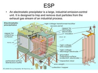 ESP
• An electrostatic precipitator is a large, industrial emission-control
unit. It is designed to trap and remove dust particles from the
exhaust gas stream of an industrial process.
 