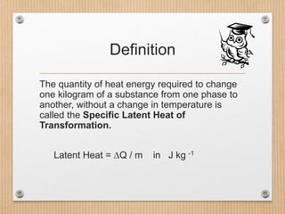 Types of Latent Heat
• Fusion
• Vaporisation
• Sublimation
The latent heat of fusion of a substance is less
than the laten...