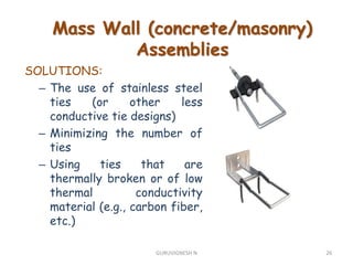 SOLUTIONS:
– The use of stainless steel
ties (or other less
conductive tie designs)
– Minimizing the number of
ties
– Using ties that are
thermally broken or of low
thermal conductivity
material (e.g., carbon fiber,
etc.)
Mass Wall (concrete/masonry)
Assemblies
26GURUVIGNESH N
 