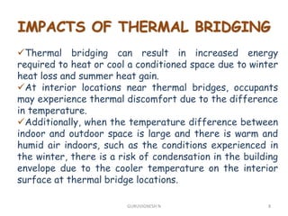 IMPACTS OF THERMAL BRIDGING
Thermal bridging can result in increased energy
required to heat or cool a conditioned space due to winter
heat loss and summer heat gain.
At interior locations near thermal bridges, occupants
may experience thermal discomfort due to the difference
in temperature.
Additionally, when the temperature difference between
indoor and outdoor space is large and there is warm and
humid air indoors, such as the conditions experienced in
the winter, there is a risk of condensation in the building
envelope due to the cooler temperature on the interior
surface at thermal bridge locations.
8GURUVIGNESH N
 