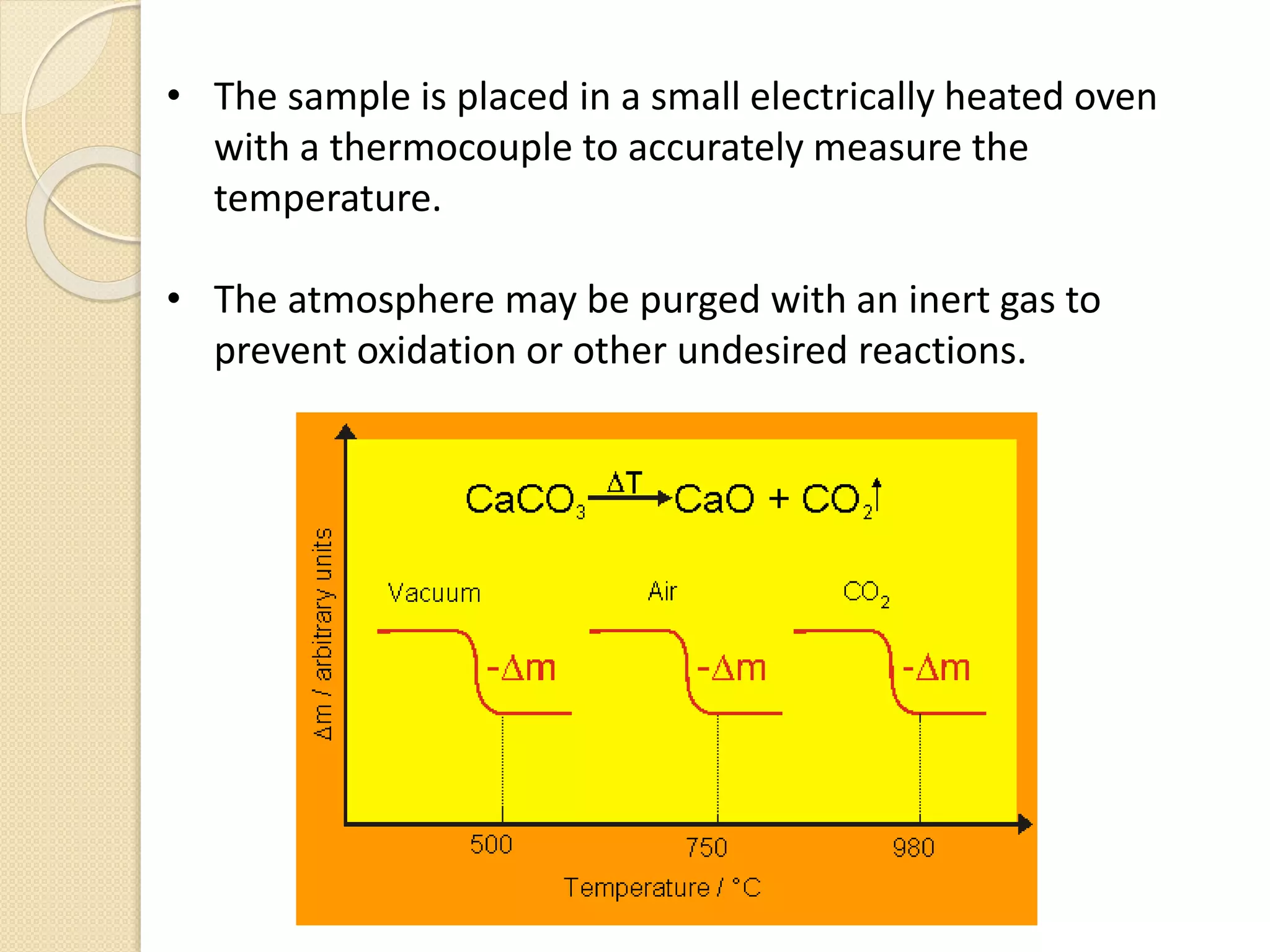 • The sample is placed in a small electrically heated oven
with a thermocouple to accurately measure the
temperature.
• The atmosphere may be purged with an inert gas to
prevent oxidation or other undesired reactions.
 