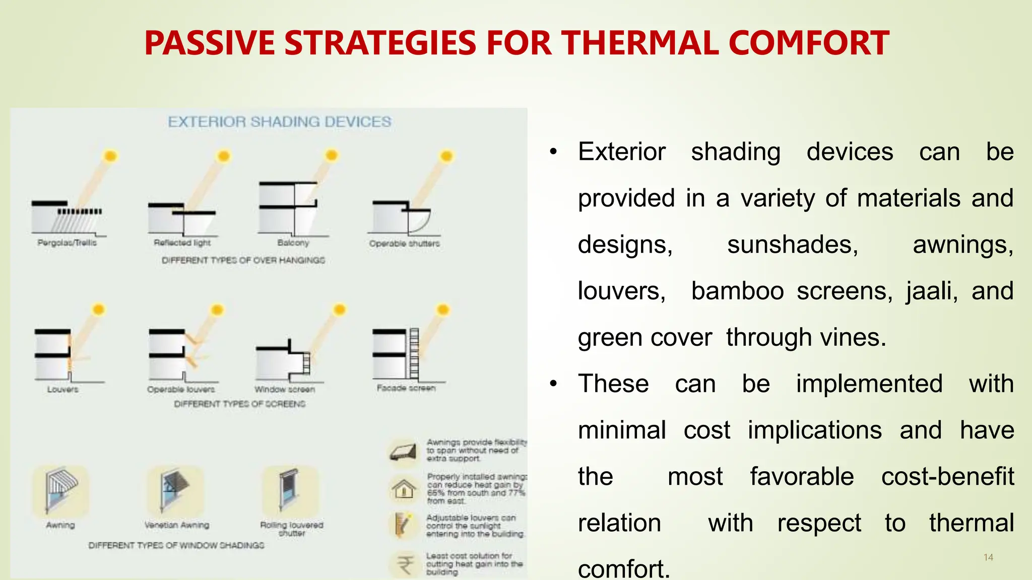 14
PASSIVE STRATEGIES FOR THERMAL COMFORT
• Exterior shading devices can be
provided in a variety of materials and
designs, sunshades, awnings,
louvers, bamboo screens, jaali, and
green cover through vines.
• These can be implemented with
minimal cost implications and have
the most favorable cost-benefit
relation with respect to thermal
comfort.
 