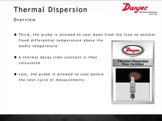 Thermal Dispersion
O v e r v i e w
 T h i r d , t h e p r o b e i s a l l o w e d t o c o o l d o w n f r o m t h e f l o w t o a n o t h e r
f i x e d d i f f e r e n t i a l t e m p e r a t u r e a b o v e t h e
m e d i a t e m p e r a t u r e
 A t h e r m a l d e c a y t i m e c o n s t a n t i s t h e n
c a l c u l a t e d
 L a s t , t h e p r o b e i s a l l o w e d t o c o o l b e f o r e
t h e n e x t c y c l e o f m e a s u r e m e n t s
 