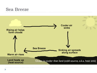 Sea Breeze

Ocean is cooler than land (cold source, a.k.a. heat sink)

 