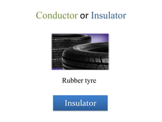 Conductor or Insulator
Rubber tyre
Insulator
 