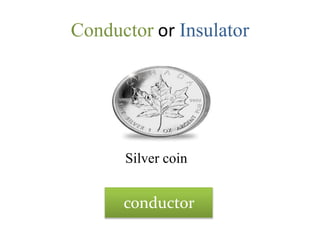 Conductor or Insulator
Silver coin
conductor
 