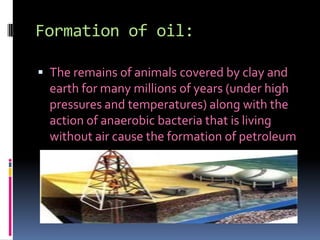 Formation of oil:The remains of animals covered by clay and earth for many millions of years (under high pressures and temperatures) along with the action of anaerobic bacteria that is living without air cause the formation of petroleum