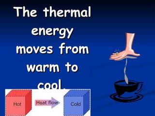 The thermal energy moves from warm to cool. 