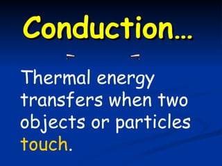 Conduction… Thermal energy transfers when two objects or particles  touch . 