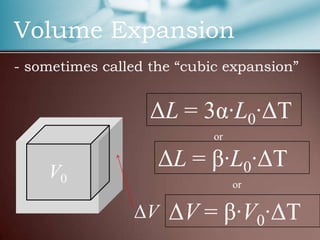 Volume Expansion
- sometimes called the “cubic expansion”


                   ΔL = 3α·L0·ΔT
                            or


    V0
                    ΔL = β·L0·ΔT
                                 or

                ΔV   ΔV = β·V0·ΔT
 