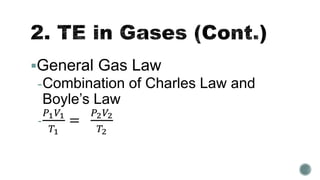 General Gas Law
-Combination of Charles Law and
Boyle’s Law
-
𝑃1 𝑉1
𝑇1
=
𝑃2 𝑉2
𝑇2
 