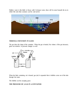 Shallow water is this liable to freeze solid. In deeper water, there will be water beneath the ice in
which fish and other creatures can live and survive
THERMAL EXPANSION IN GASES
The gas takes the shape of the container. When the gas is heated, the volume of the gas increases,
gases are sensitive to pressure changes as well
When the flask containing air is heated, gas (air) it expanded that is bubbles come out of the tube
through the water.
The bubbles are the escaping gases
THE PRESSURE OF A GAS IN A CONTAINER
 