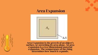 Area Expansion is the growth of an object's
surface, or stretching its area alone. An area
expansion is a two-dimensional material
expansion. The temperature of the thing
determines how much it expands.
Area Expansion
 