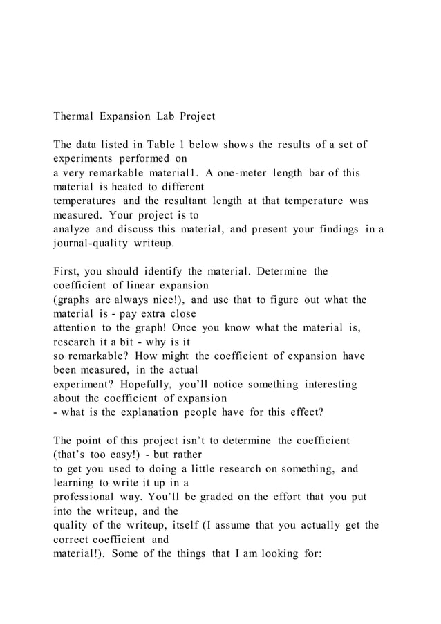 Thermal Expansion Lab ProjectThe data listed in Table 1 be PDF
