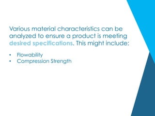 Various material characteristics can be
analyzed to ensure a product is meeting
desired specifications. This might include:
•  Flowability
•  Compression Strength
 