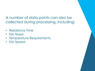 A number of data points can also be
collected during processing, including:
•  Residence Time
•  Kiln Slope
•  Temperature Requirements
•  Kiln Speed
 