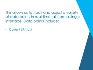 This allows us to track and adjust a variety
of data points in real-time, all from a single
interface. Data points include:
-  Current (Amps)
 