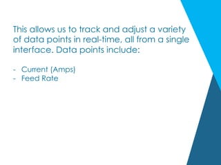 This allows us to track and adjust a variety
of data points in real-time, all from a single
interface. Data points include:
-  Current (Amps)
-  Feed Rate
 