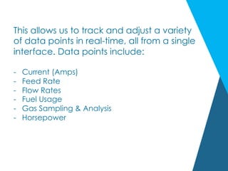 This allows us to track and adjust a variety
of data points in real-time, all from a single
interface. Data points include:
-  Current (Amps)
-  Feed Rate
-  Flow Rates
-  Fuel Usage
-  Gas Sampling & Analysis
-  Horsepower
 