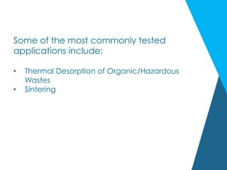 Some of the most commonly tested
applications include:
•  Thermal Desorption of Organic/Hazardous
Wastes
•  Sintering
 
