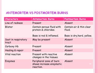 ANTEMORTEM VS POSTMORTEM BURNS
Characters Antemortem Burns Postmortem Burns
Line of redness Present Absent
Blister Contain serous fluid with
protein & chlorides.
Base is red & inflamed.
Contain air & thin clear
fluid.
Base is dry,hard, yellow.
Soot in respiratory
tract
May be present Absent
Carboxy Hb Present Absent
Healing & repair Present Absent
Vital reaction Present with reactive
changes in the tissues.
Absent
Enzymes Peripheral zone of burn
shows increase enzymatic
reaction.
Absent
53
 