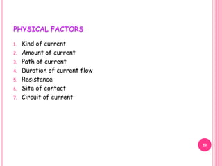PHYSICAL FACTORS
1. Kind of current
2. Amount of current
3. Path of current
4. Duration of current flow
5. Resistance
6. Site of contact
7. Circuit of current
59
 