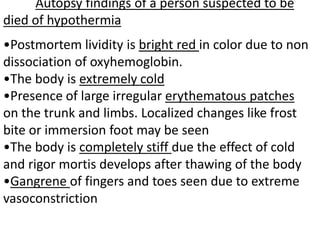 Autopsy findings of a person suspected to be
died of hypothermia
•Postmortem lividity is bright red in color due to non
dissociation of oxyhemoglobin.
•The body is extremely cold
•Presence of large irregular erythematous patches
on the trunk and limbs. Localized changes like frost
bite or immersion foot may be seen
•The body is completely stiff due the effect of cold
and rigor mortis develops after thawing of the body
•Gangrene of fingers and toes seen due to extreme
vasoconstriction
 