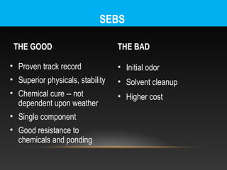SEBS

 THE GOOD                         THE BAD

• Proven track record             • Initial odor
• Superior physicals, stability   • Solvent cleanup
• Chemical cure -- not            • Higher cost
  dependent upon weather
• Single component
• Good resistance to
  chemicals and ponding
 
