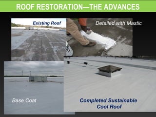 ROOF RESTORATION—THE ADVANCES
       Existing Roof        Detailed with Mastic




Base Coat              Completed Sustainable
                            Cool Roof
 