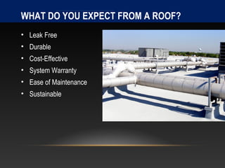 WHAT DO YOU EXPECT FROM A ROOF?
• Leak Free
• Durable
• Cost-Effective
• System Warranty
• Ease of Maintenance
• Sustainable
 