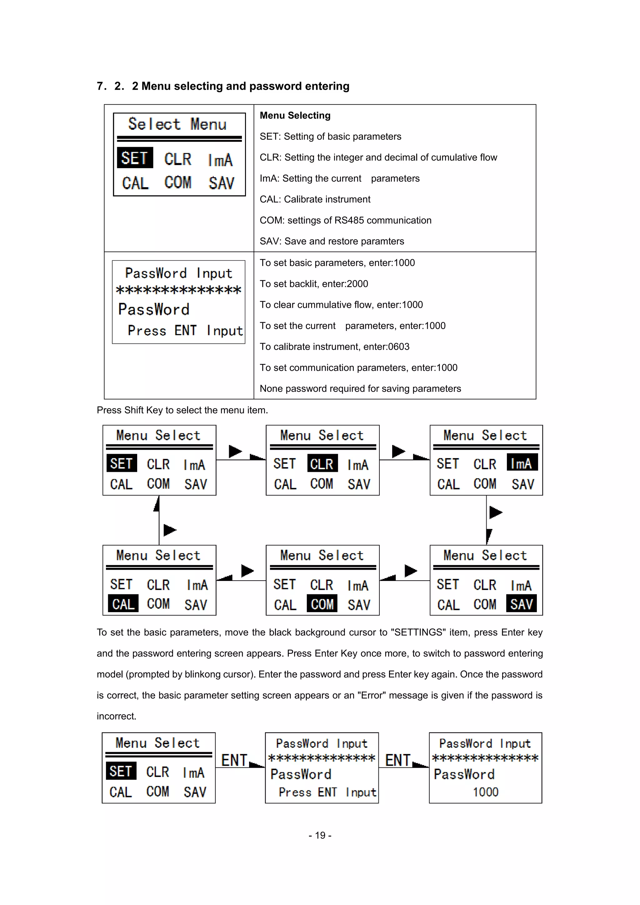 - 19 -
7．2．2 Menu selecting and password entering
Press Shift Key to select the menu item.
To set the basic parameters, move the black background cursor to "SETTINGS" item, press Enter key
and the password entering screen appears. Press Enter Key once more, to switch to password entering
model (prompted by blinkong cursor). Enter the password and press Enter key again. Once the password
is correct, the basic parameter setting screen appears or an "Error" message is given if the password is
incorrect.
Menu Selecting
SET: Setting of basic parameters
CLR: Setting the integer and decimal of cumulative flow
ImA: Setting the current parameters
CAL: Calibrate instrument
COM: settings of RS485 communication
SAV: Save and restore paramters
To set basic parameters, enter:1000
To set backlit, enter:2000
To clear cummulative flow, enter:1000
To set the current parameters, enter:1000
To calibrate instrument, enter:0603
To set communication parameters, enter:1000
None password required for saving parameters
 