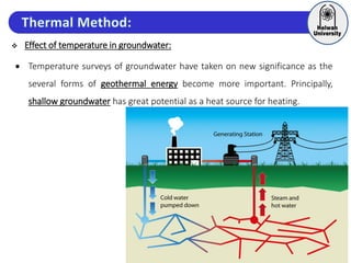 Effect of temperature in groundwater:
 Temperature surveys of groundwater have taken on new significance as the
several forms of geothermal energy become more important. Principally,
shallow groundwater has great potential as a heat source for heating.
 