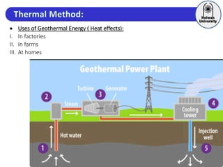  Uses of Geothermal Energy ( Heat effects):
I. In factories
II. In farms
III. At homes
 