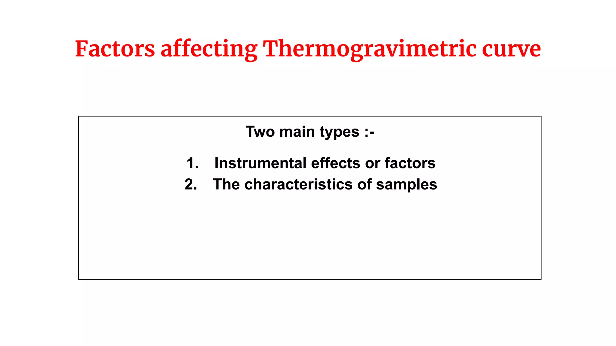 Factors affecting Thermogravimetric curve
Two main types :-
1. Instrumental effects or factors
2. The characteristics of samples
 