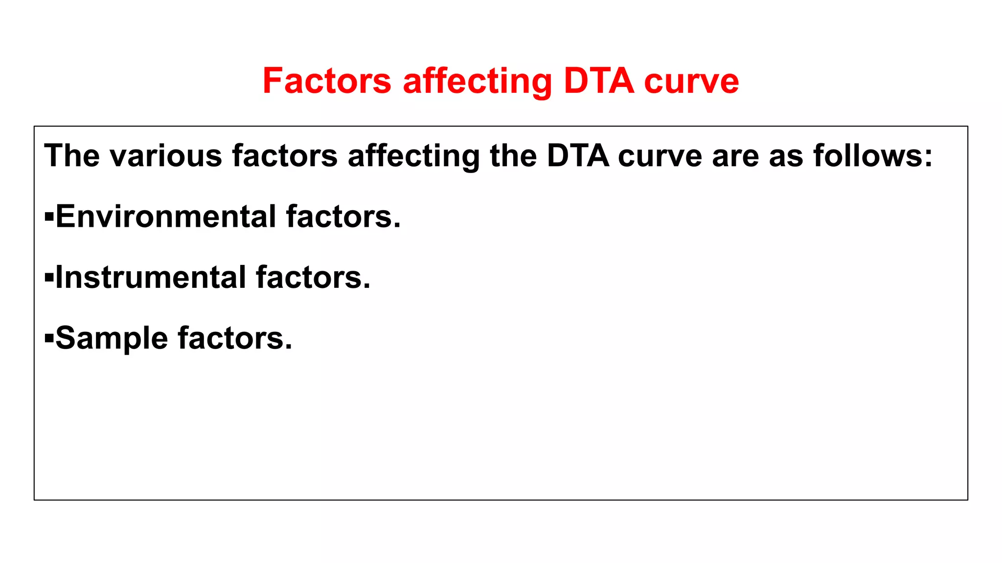 Factors affecting DTA curve
The various factors affecting the DTA curve are as follows:
▪Environmental factors.
▪Instrumental factors.
▪Sample factors.
 
