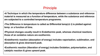 Principle
▪A Technique in which the temperature difference between a substance and reference
material is measured as a function of temperature, while the substance and reference
are subjected to a controlled temperature programme.
▪The Difference in temperature is called as Differential temp(△ t) is plotted against
temp. or a function of time.
▪Physical changes usually result in Endothermic peak, whereas chemical reactions
those of an oxidative nature are exothermic.
▪Endothermic reaction (absorption of energy) includes vaporization, sublimation, and
absorption & gives downward peak.
▪Exothermic reaction (liberation of energy) includes Oxidation, polymerization, and
catalytic reaction & gives upward peak.
 