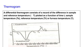 Thermogram
A differential thermogram consists of a record of the difference in sample
and reference temperature (ꕔ T) plotted as a function of time t, sample
temperature (Ts), reference temperature (Tr) or furnace temperature (T).
 