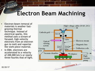 02/20/17
Electron Beam Machining
• Electron-beam removal of
materials is another fast-
growing thermal
technique. Instead of
electrical sparks, this
method uses a stream of
focused, high-velocity
electrons from an electron
gun to melt and vaporize
the work-piece material.
• In EBM, electrons are
accelerated to a velocity
of 200,000 km/s or nearly
three-fourths that of light.
 