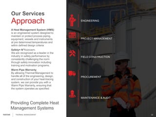 02:05:03
Approach
Our Services
Providing Complete Heat
Management Systems
A Heat Management System (HMS)
is an engineered system designed to
maintain or protect process piping,
equipment, vessels and instruments
at pre determined temperatures and
within defined design criteria
Safety= N°1concern.
We are recognized as a leader in the
industry in safety performance by
consistently challenging the norm
through safety innovation including
training and motivation programs.
Warm Pipe Warranty
By allowing Thermal Management to
handle all of the engineering, design,
and construction of your heat-tracing
system, we can provide you with a
Warm Pipe Warranty, ensuring that
the system operates as specified
ENGINEERING
PROJECT MANAGEMENT
FIELD CONSTRUCTION
PROCUREMENT
MAINTENANCE & AUDIT
THERMAL MANAGEMENT 12PENTAIR
 