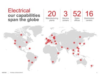 Electrical
our capabilities
span the globe Manufacturing
plants
20 Service
centers
3 Sales
offices
52 Distribution
centers
16
THERMAL MANAGEMENT 4PENTAIR
 
